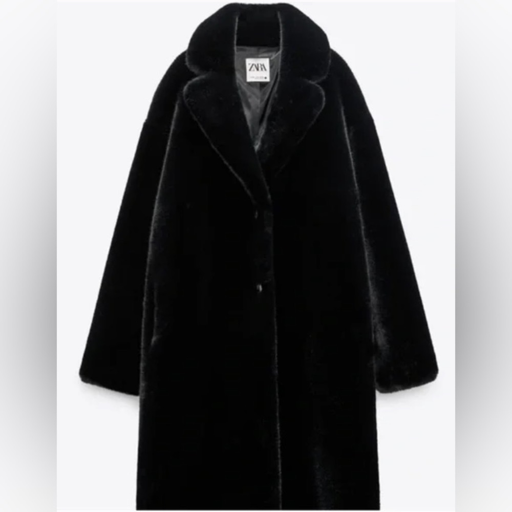 Zara Black Long Faux Fur Coat
